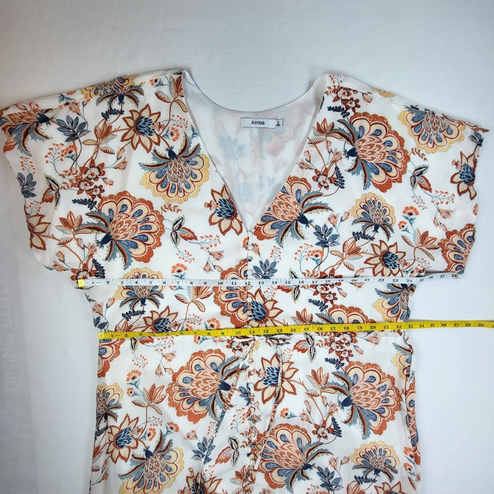 JustFab Floral Maxi DRESS Womens Size 1X Short Sleeve White Blues Rust Gauze - Picture 3 of 13